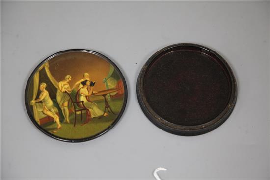 A 19th century Stobwasser style snuff box, 3.25in. & another